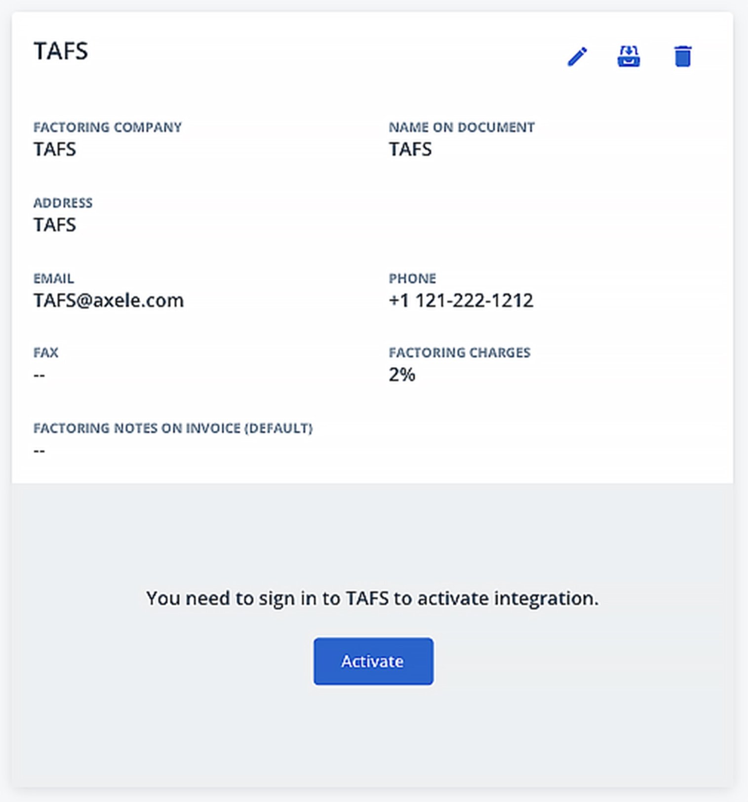 TAFS Factoring Integration